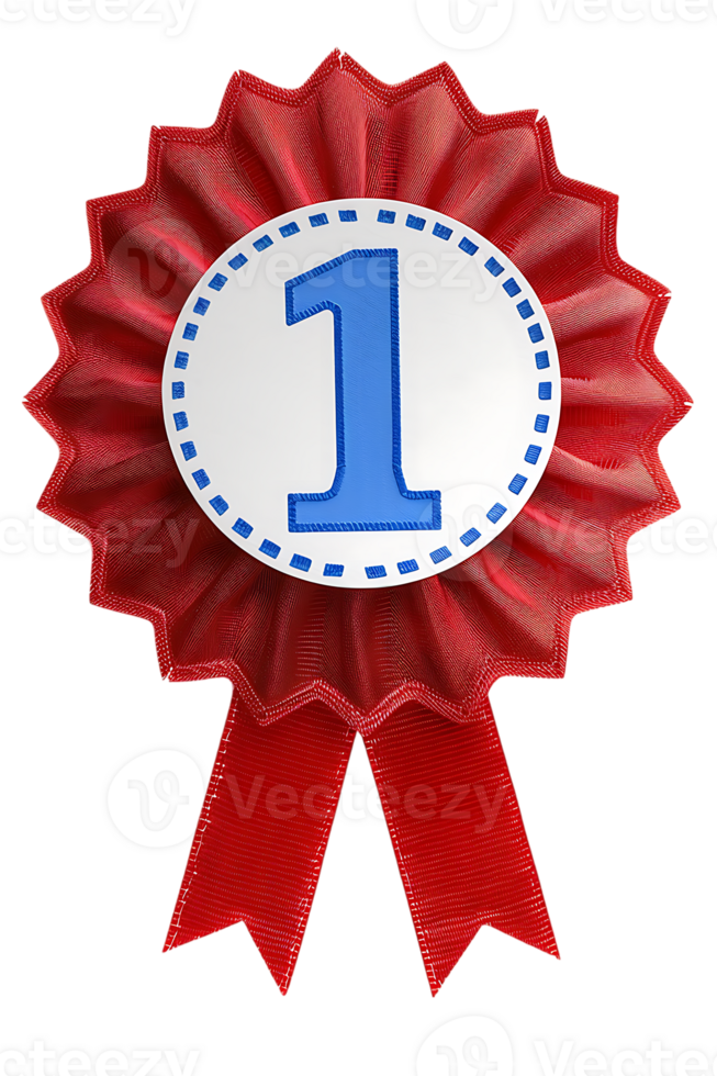 First place ribbon badge with 1 on it, isolated against a transparent background png