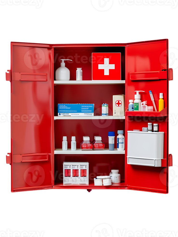 first aid wall cabinet with products, isolated against a transparent background png