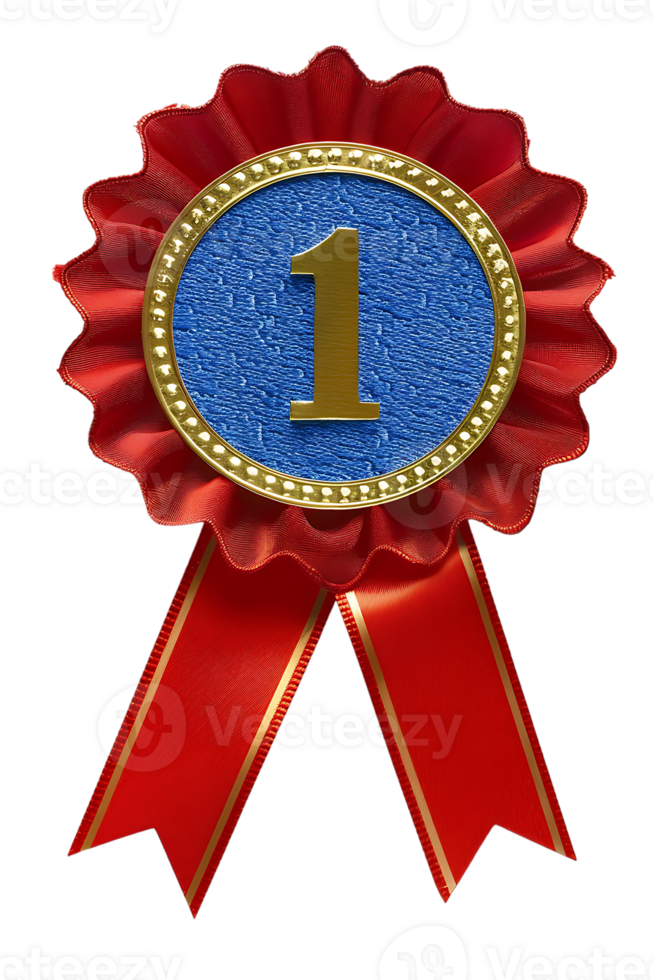First place ribbon badge with 1 on it, isolated against a transparent background png