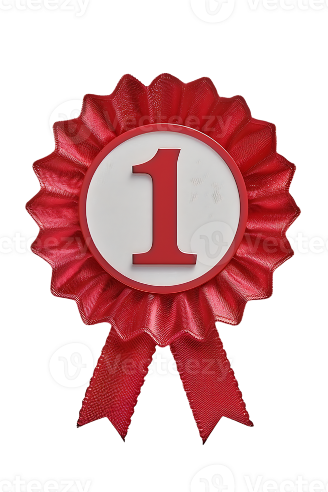 First place ribbon badge with 1 on it, isolated against a transparent background png
