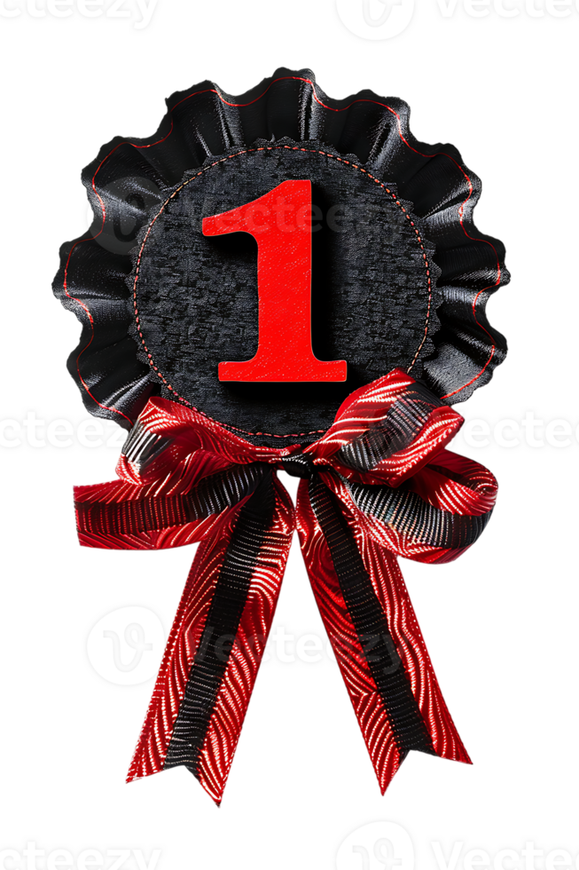 First place ribbon badge with 1 on it, isolated against a transparent background png