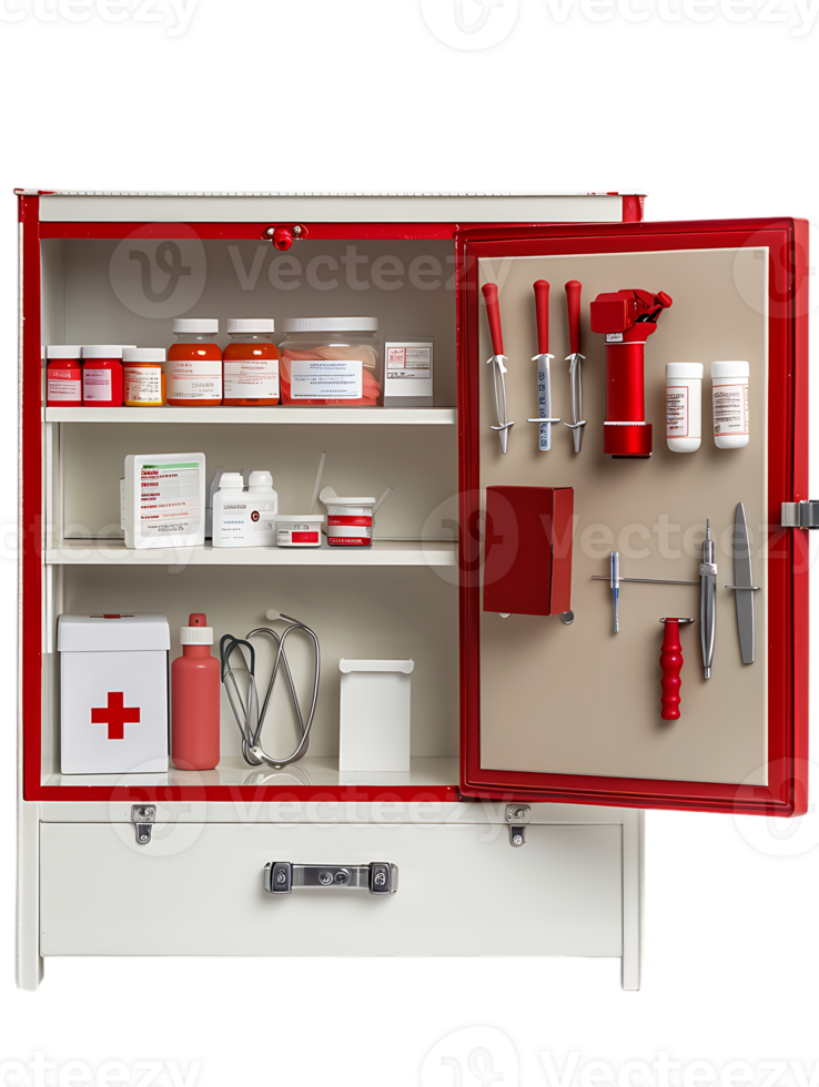 first aid wall cabinet with products, isolated against a transparent background png