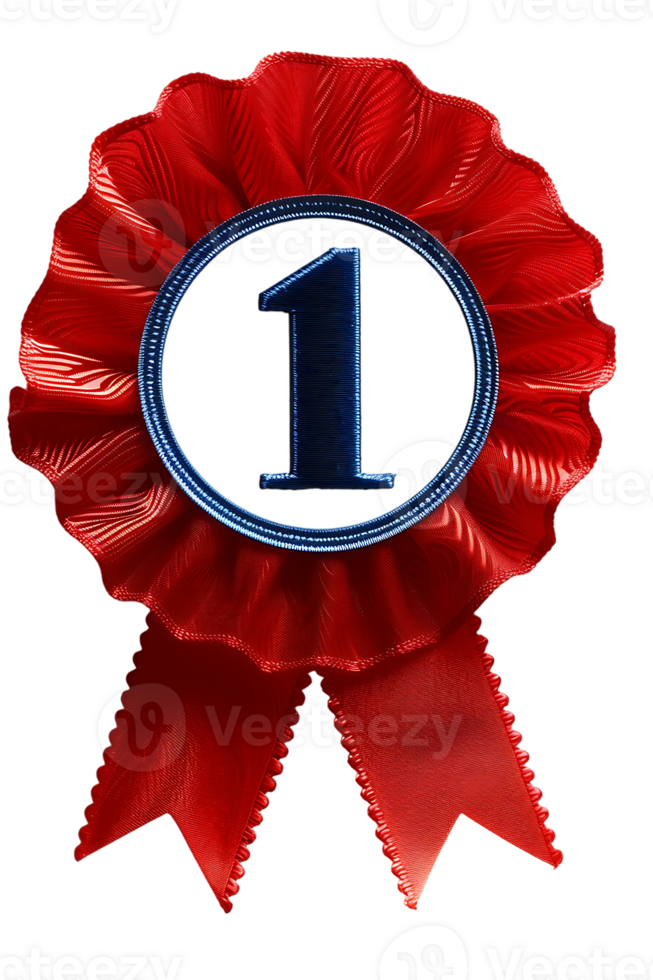 First place ribbon badge with 1 on it, isolated against a transparent background png