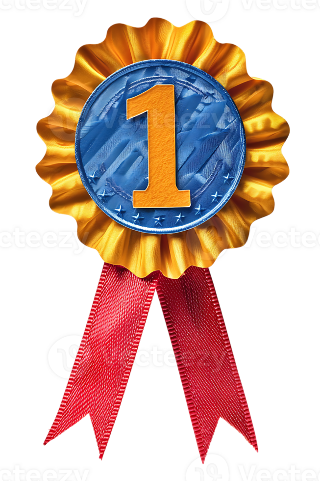 First place ribbon badge with 1 on it, isolated against a transparent background png