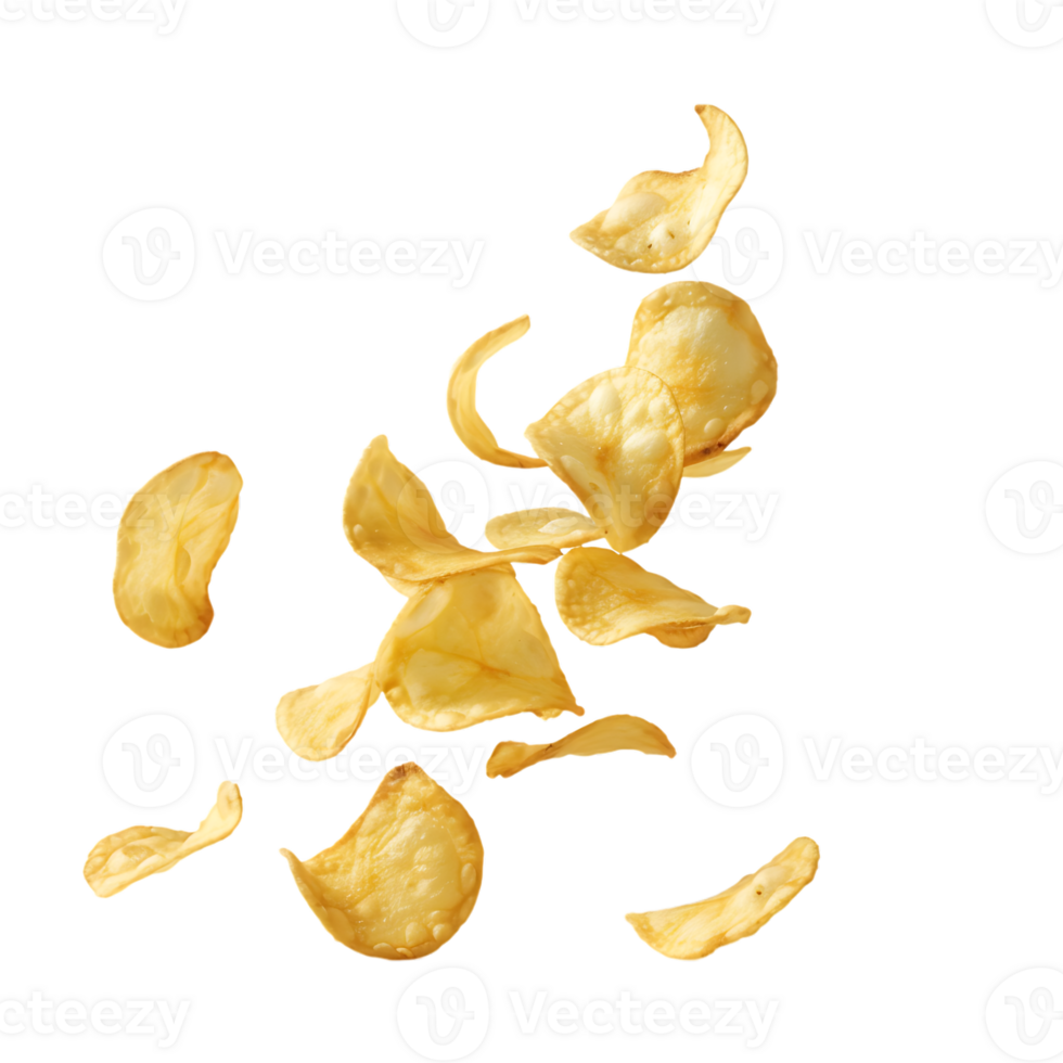 Flying and falling crispy potato chips against a transparent background png