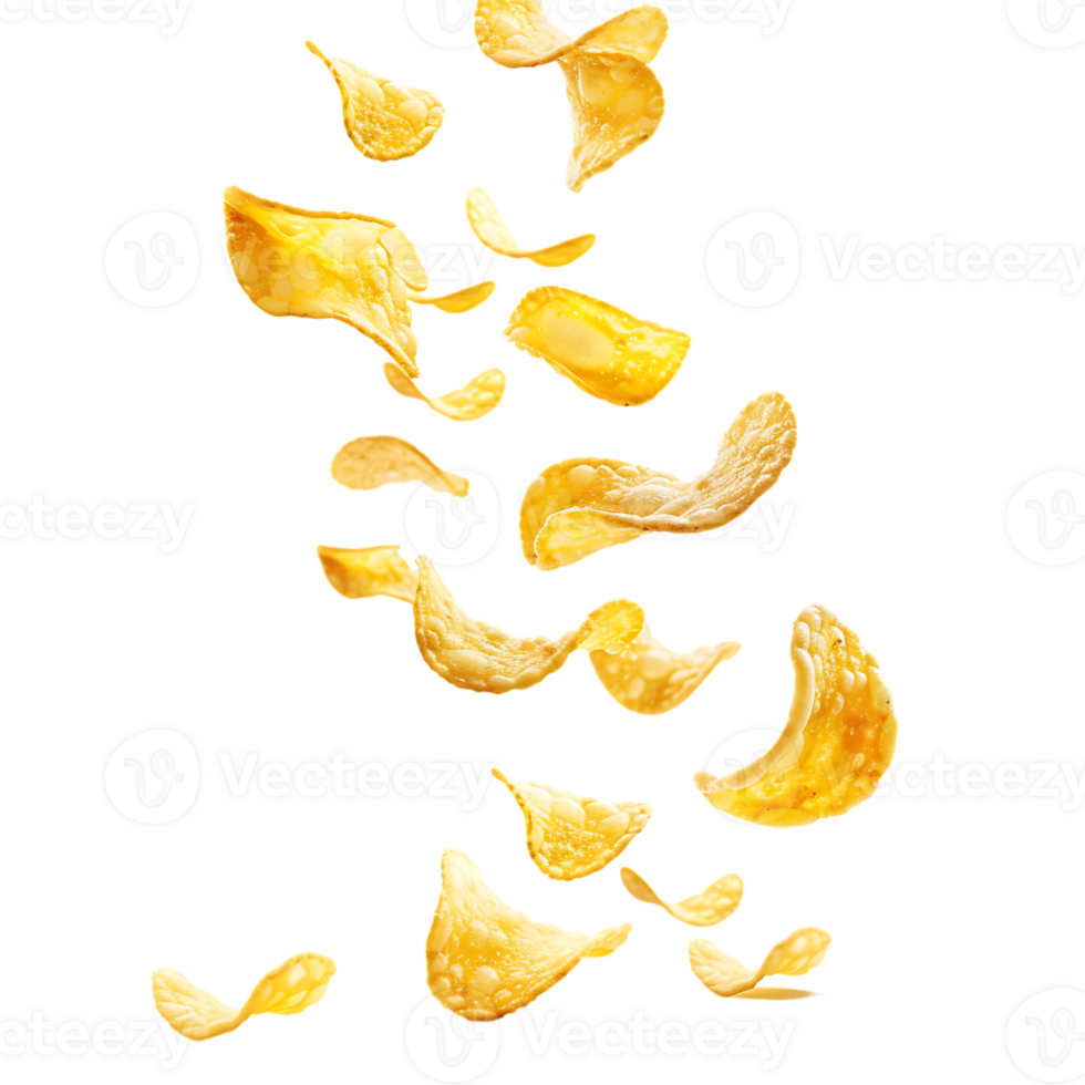 Flying and falling crispy potato chips against a transparent background png