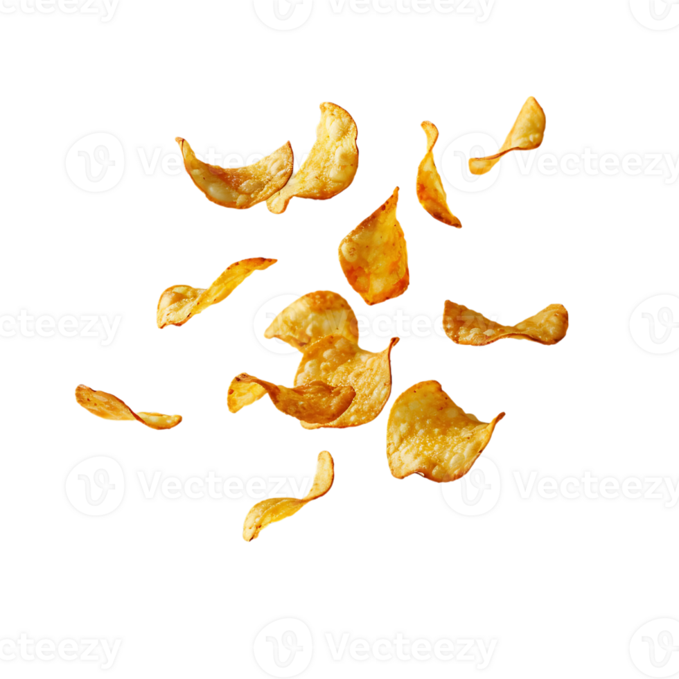 Flying and falling crispy potato chips against a transparent background png