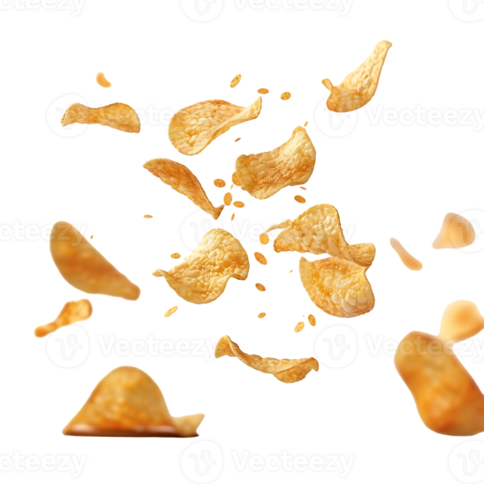 Flying and falling crispy potato chips against a transparent background png