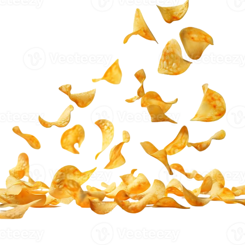 Flying and falling crispy potato chips against a transparent background png