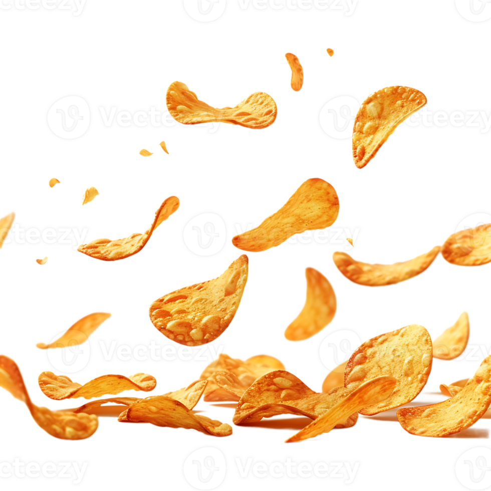 Flying and falling crispy potato chips against a transparent background png