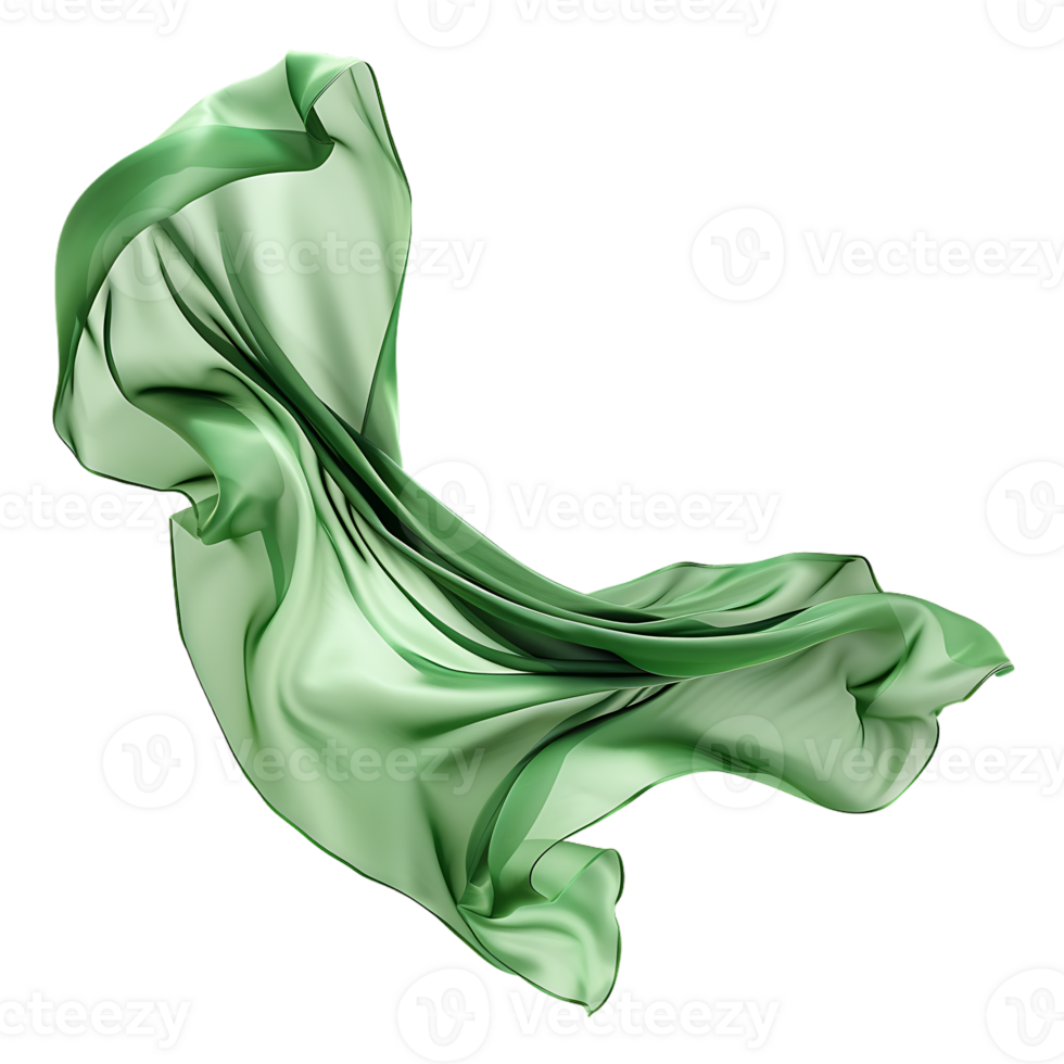 Flying green silk fabric, isolated against a transparent background png