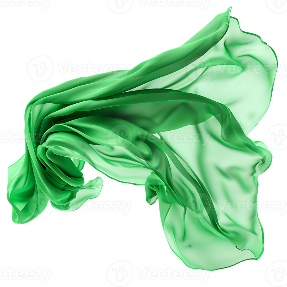 Flying green silk fabric, isolated against a transparent background png