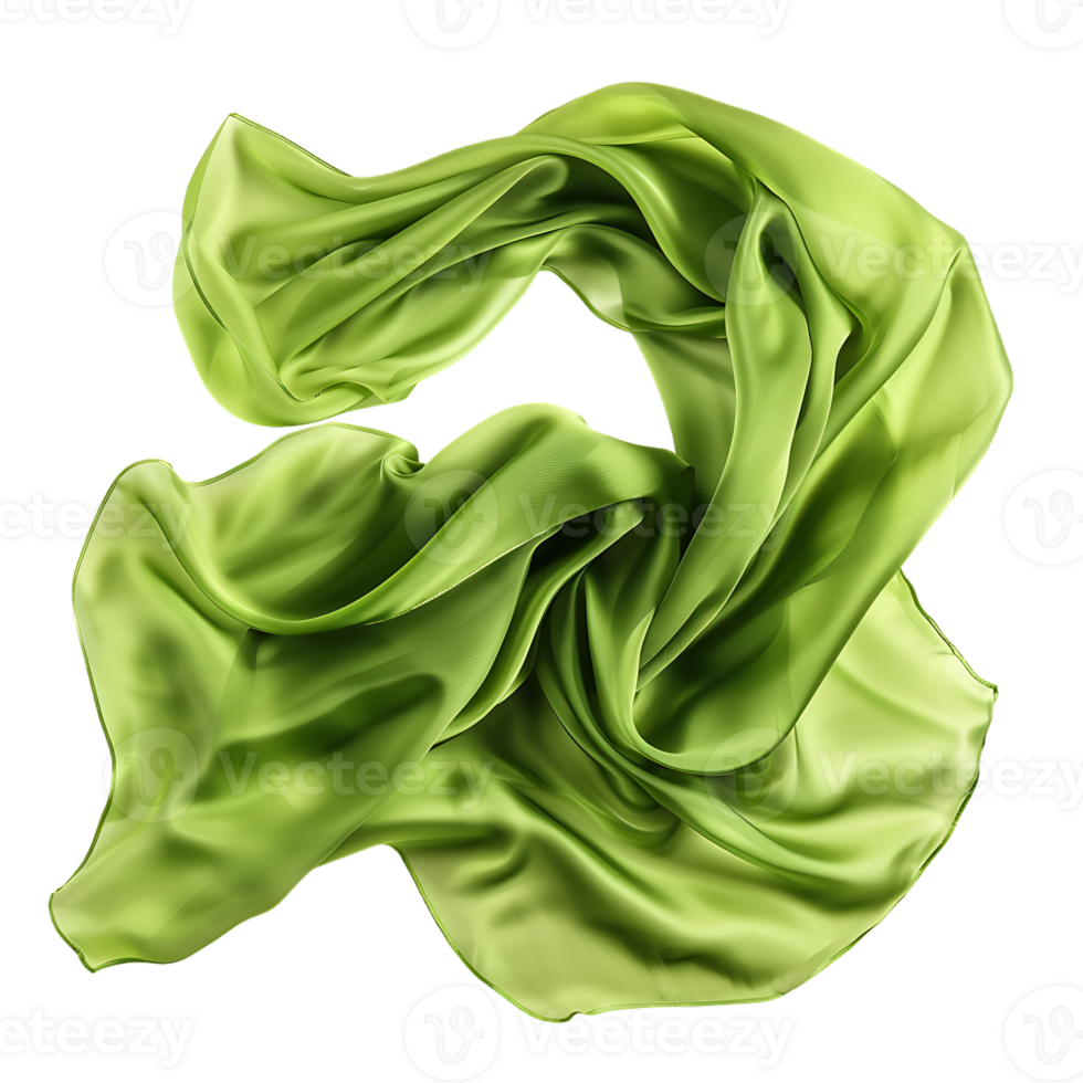Flying green silk fabric, isolated against a transparent background png