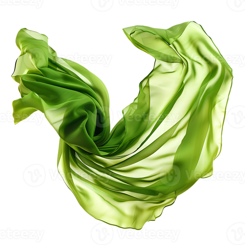 Flying green silk fabric, isolated against a transparent background png