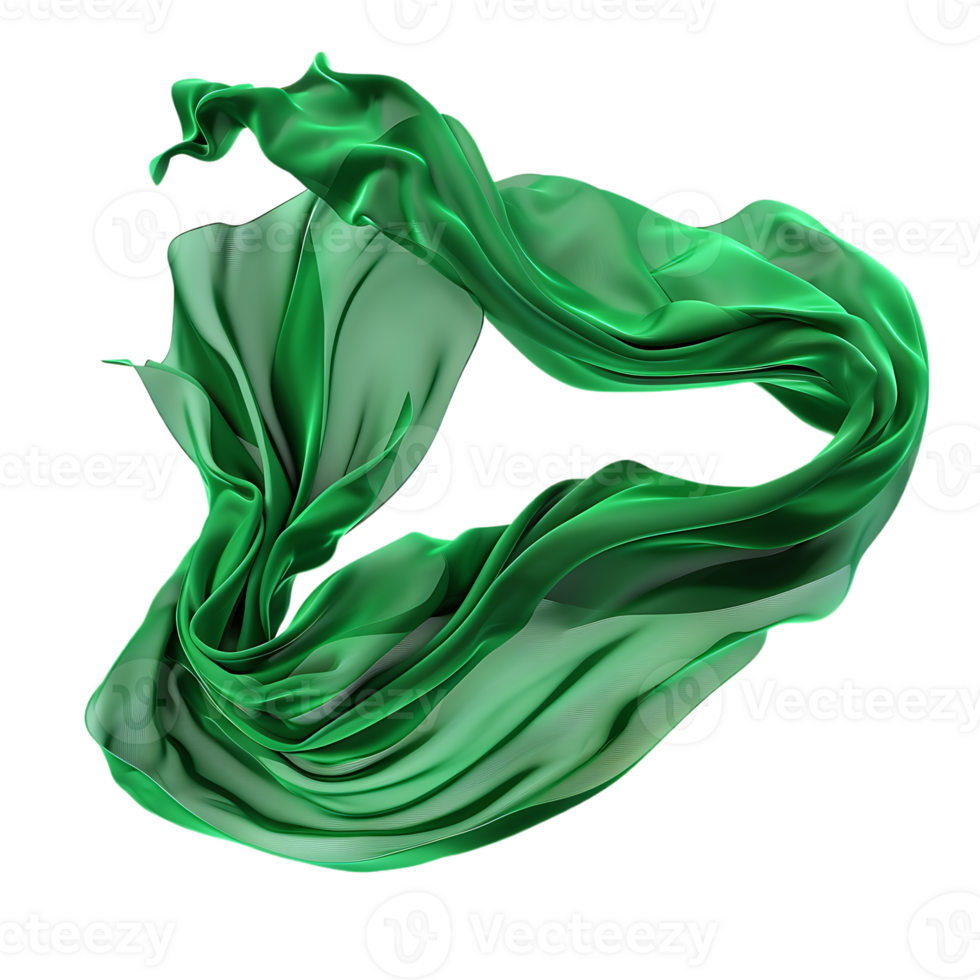 Flying green silk fabric, isolated against a transparent background png
