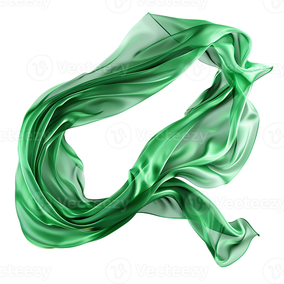 Flying green silk fabric, isolated against a transparent background png