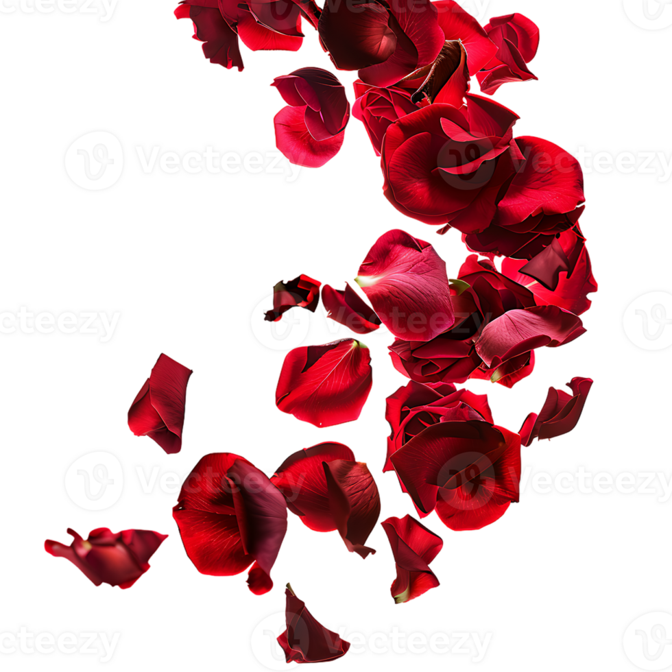 Flying red flower rose petals against a transparent background png