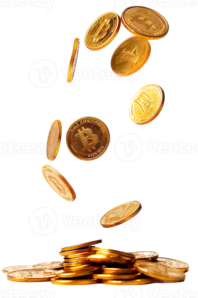 gold coins falling onto a pile, isolated against a transparent background png