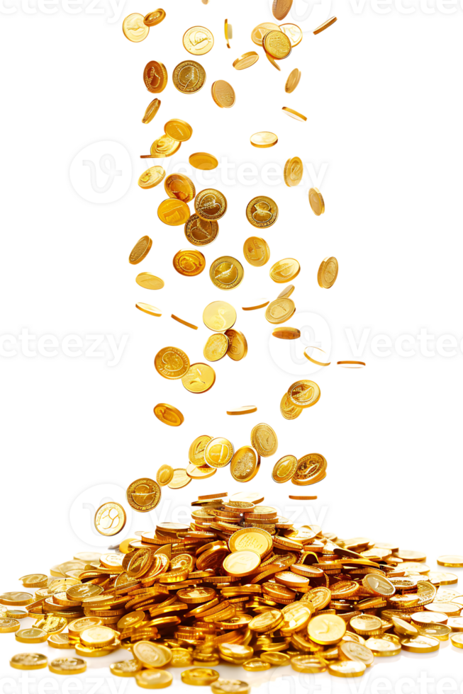 gold coins falling onto a pile, isolated against a transparent background png