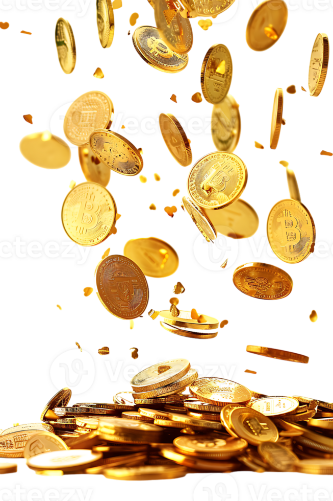 gold coins falling onto a pile, isolated against a transparent background png
