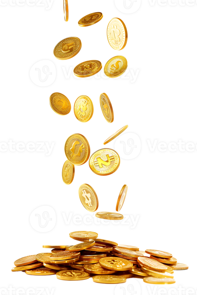 gold coins falling onto a pile, isolated against a transparent background png