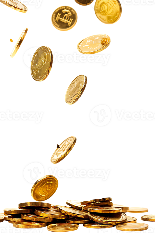 gold coins falling onto a pile, isolated against a transparent background png