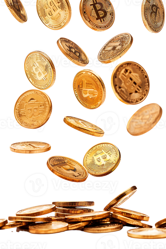 gold coins falling onto a pile, isolated against a transparent background png