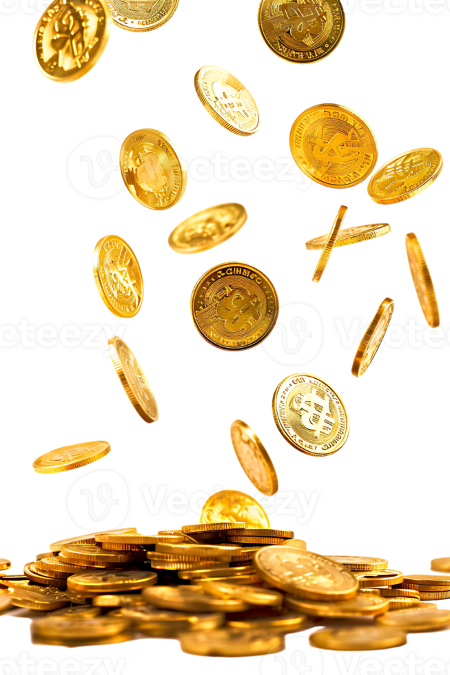 gold coins falling onto a pile, isolated against a transparent background png