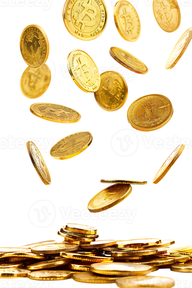 gold coins falling onto a pile, isolated against a transparent background png