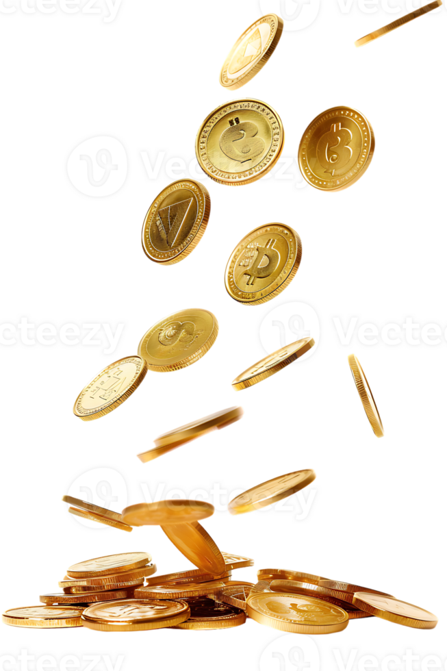 gold coins falling onto a pile, isolated against a transparent background png