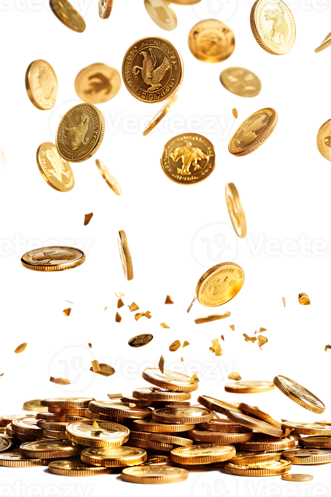gold coins falling onto a pile, isolated against a transparent background png