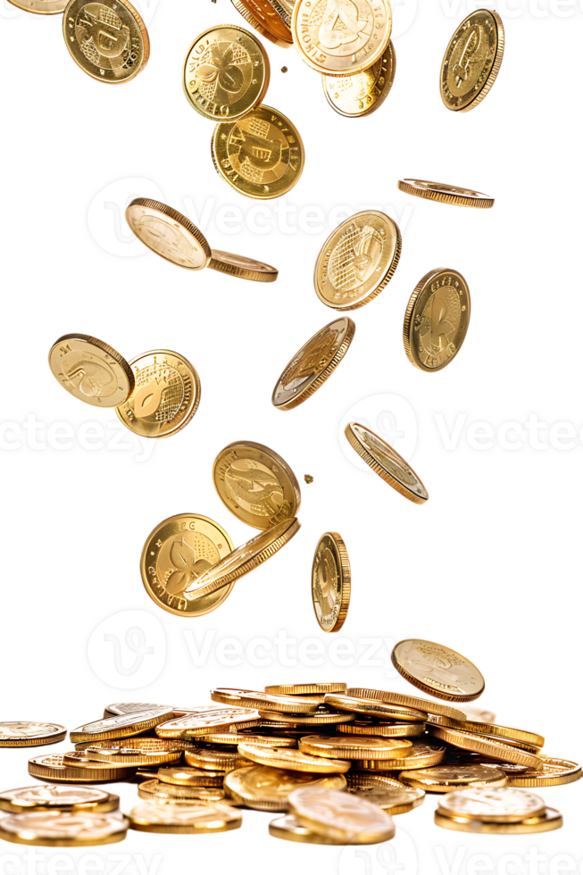 gold coins falling onto a pile, isolated against a transparent background png