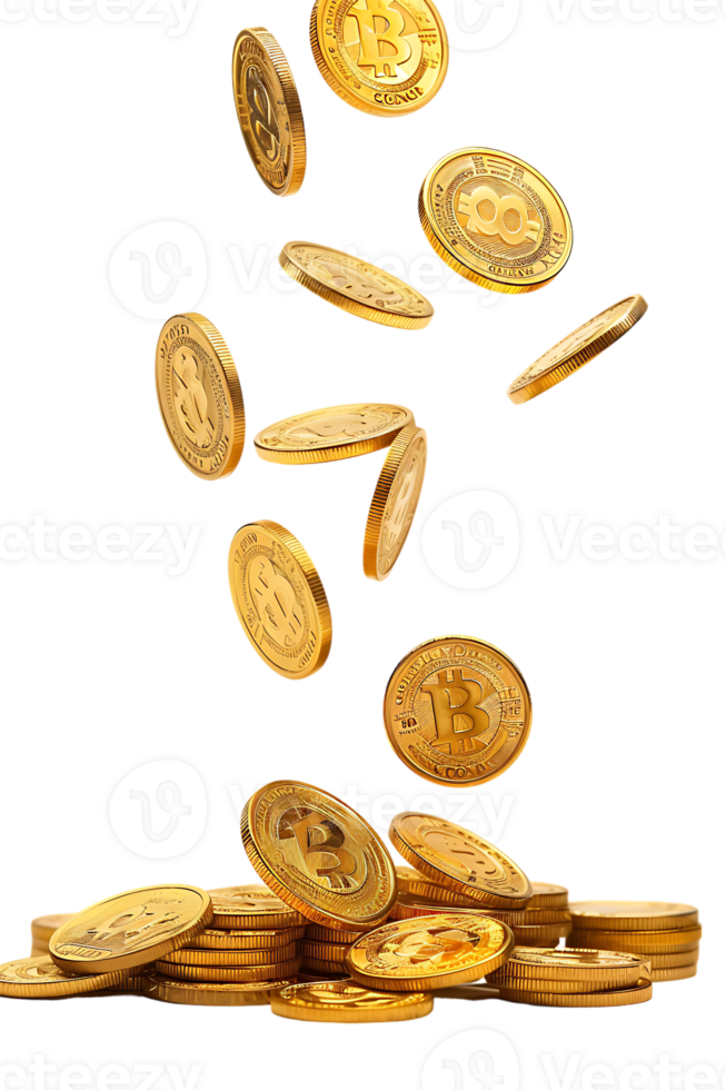 gold coins falling onto a pile, isolated against a transparent background png