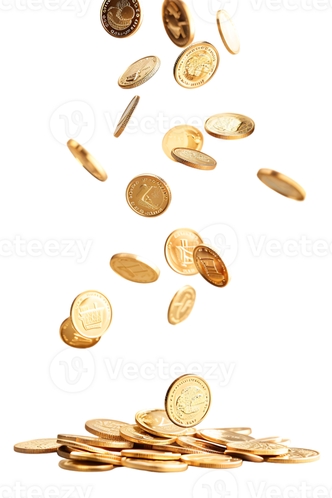 gold coins falling onto a pile, isolated against a transparent background png