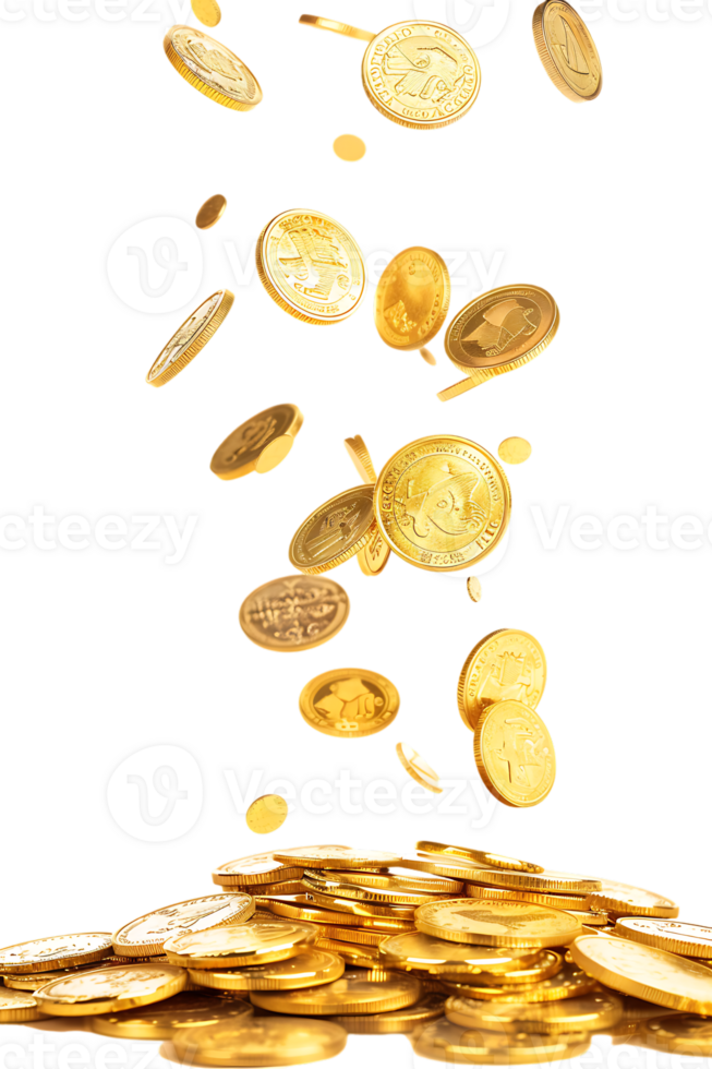 gold coins falling onto a pile, isolated against a transparent background png