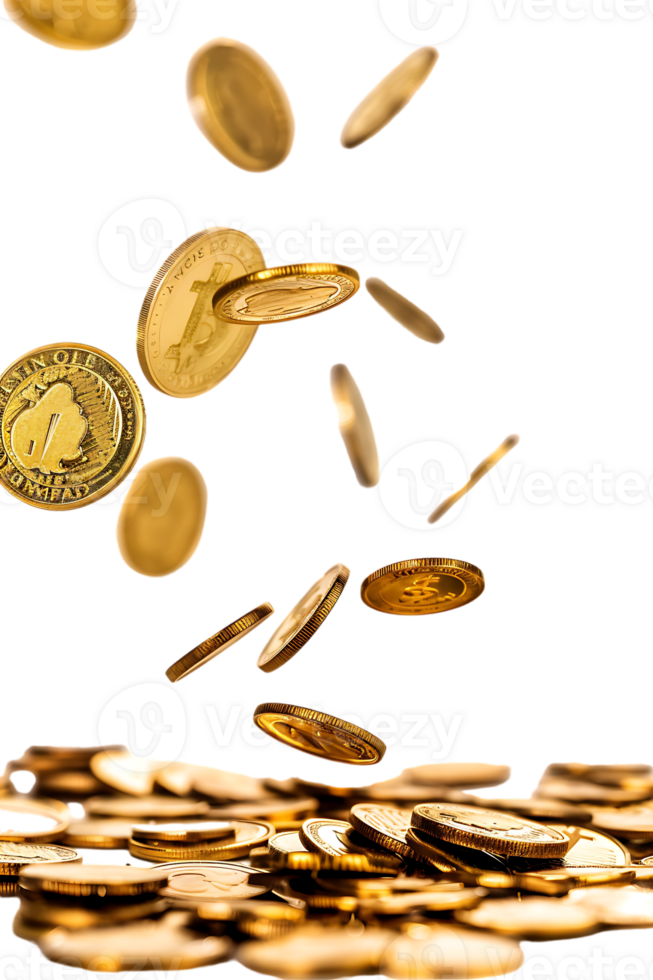 gold coins falling onto a pile, isolated against a transparent background png