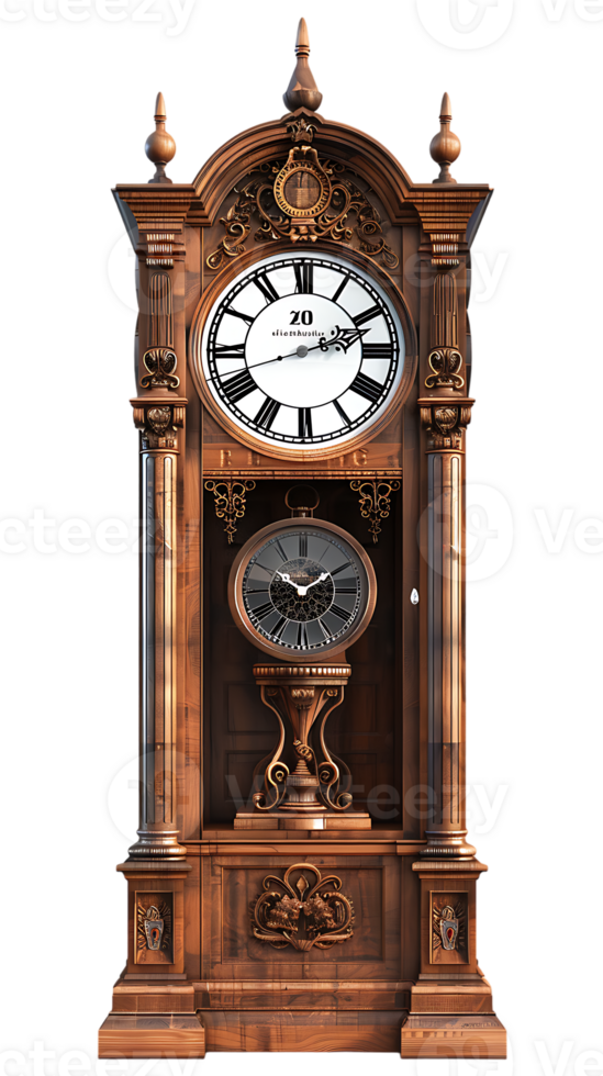 Grandfather vintage tower clock, isolated against a transparent background png