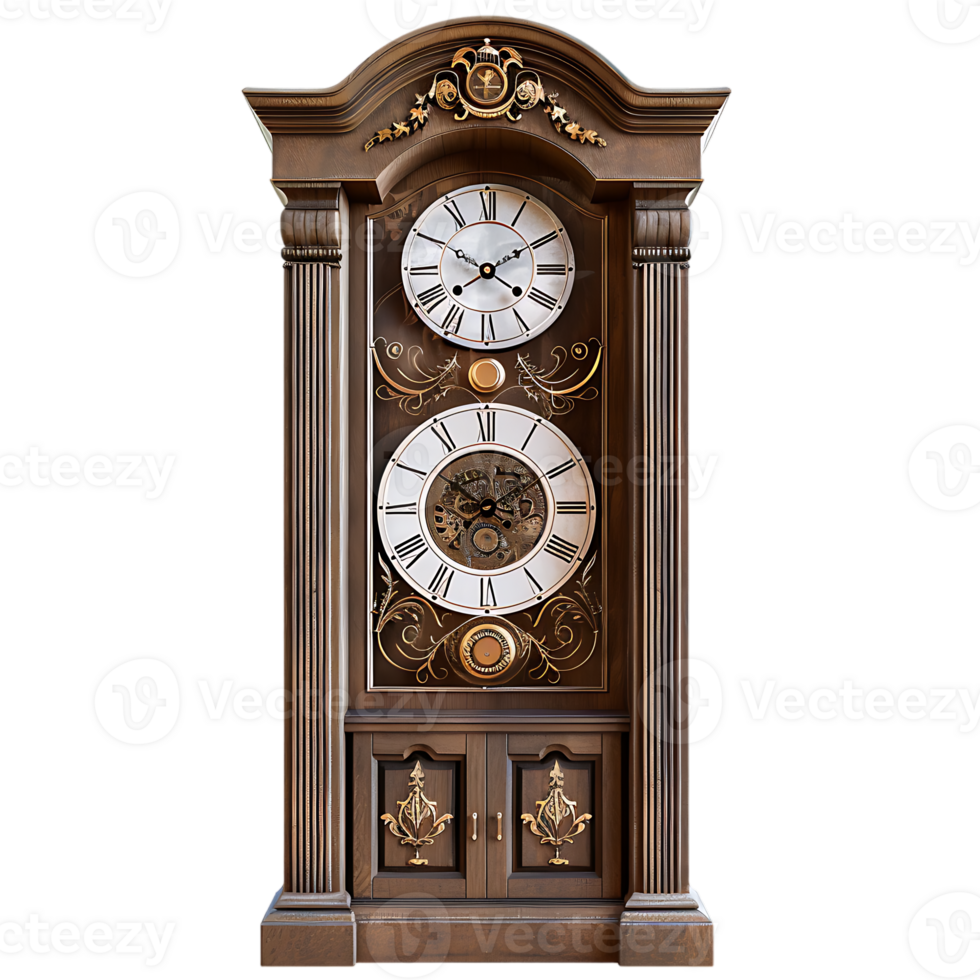 Grandfather vintage tower clock, isolated against a transparent background png