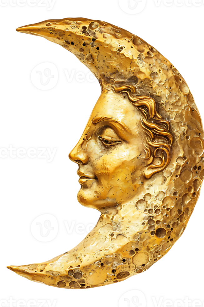 dourado crescente lua com uma face, isolado contra uma transparente fundo png