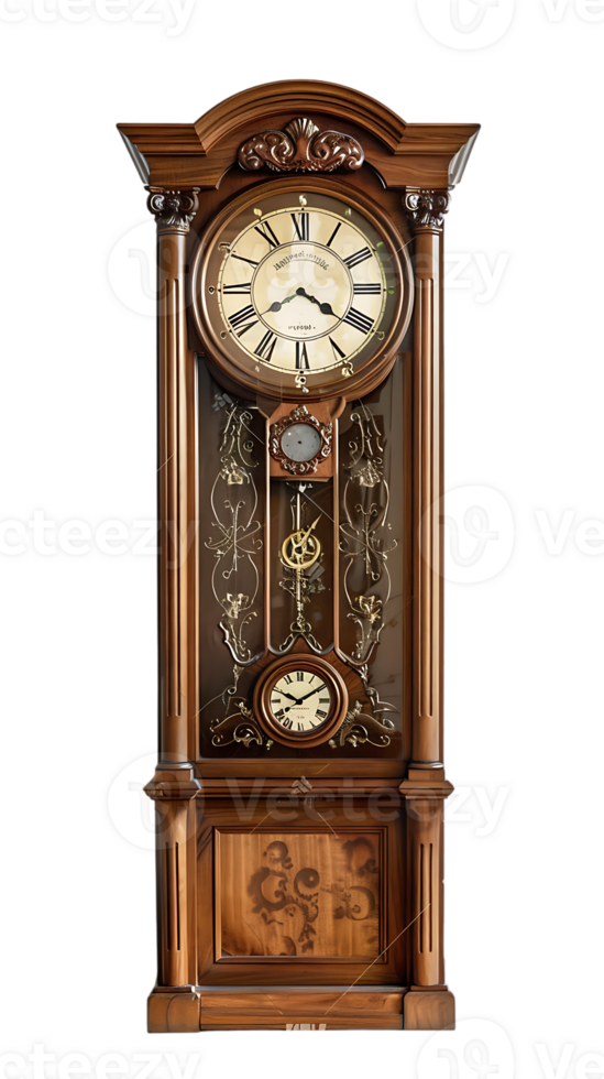 Grandfather vintage tower clock, isolated against a transparent background png