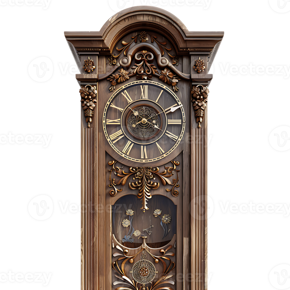 Grandfather vintage tower clock, isolated against a transparent background png
