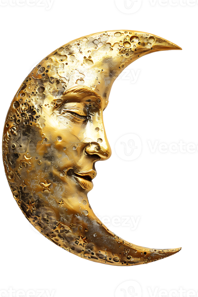 golden crescent moon with a face, isolated against a transparent background png