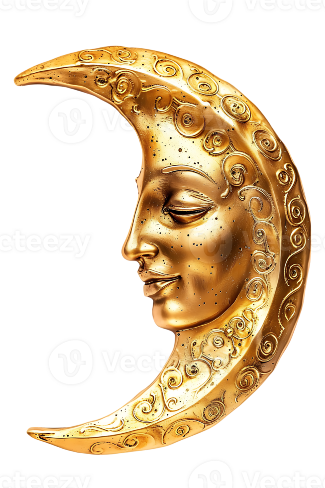 golden crescent moon with a face, isolated against a transparent background png