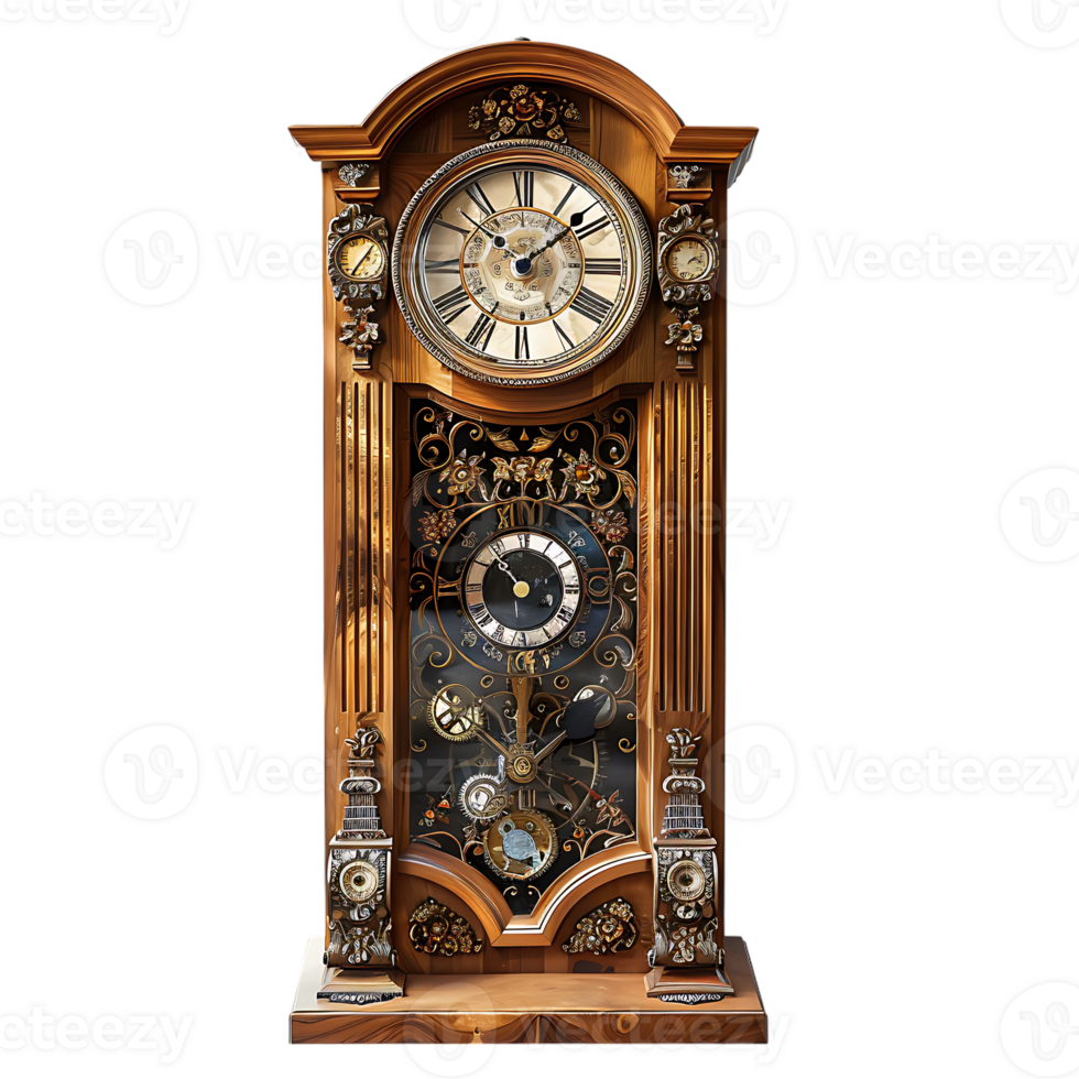 Grandfather vintage tower clock, isolated against a transparent background png