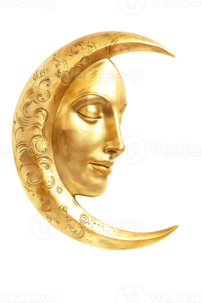 golden crescent moon with a face, isolated against a transparent background png