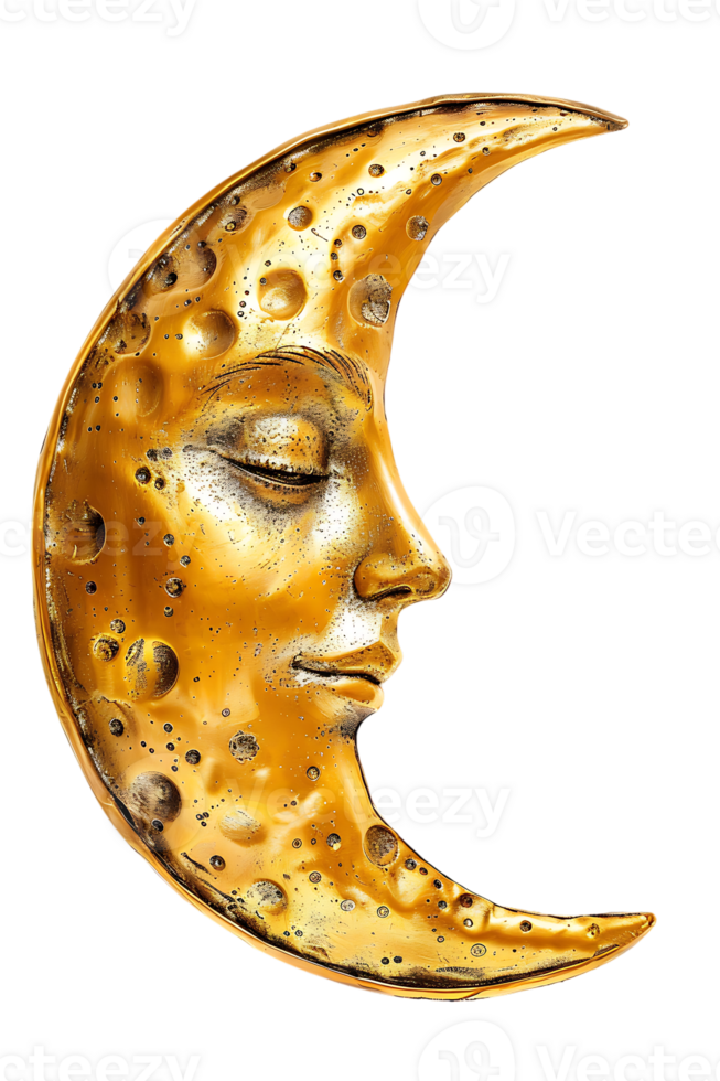 golden crescent moon with a face, isolated against a transparent background png