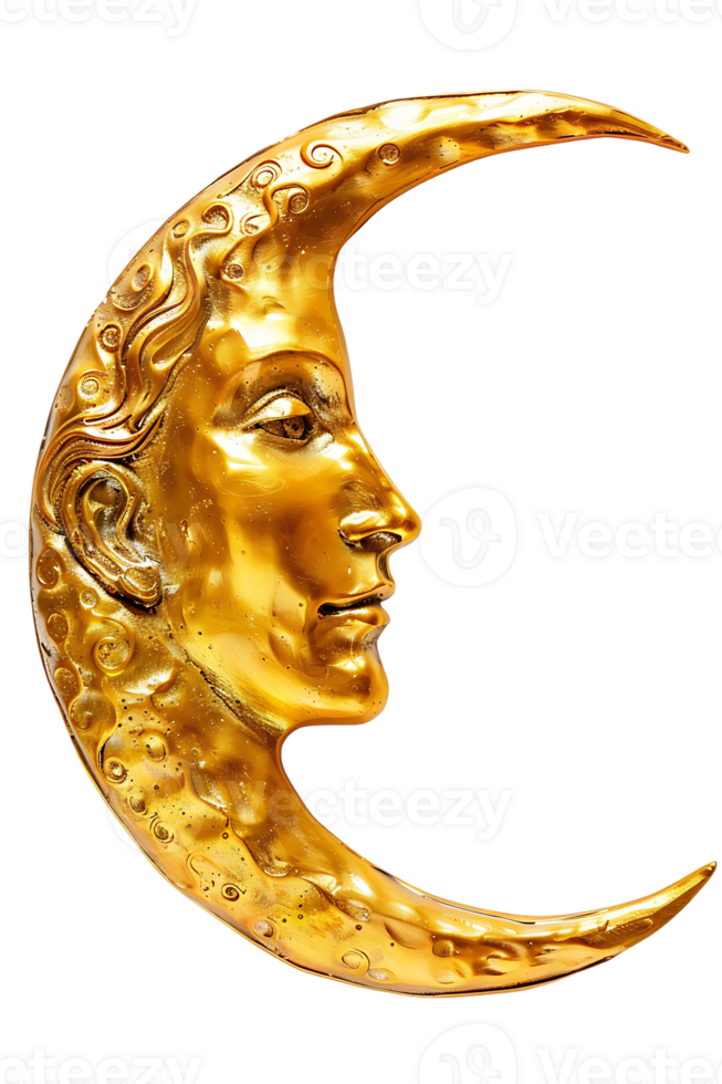 golden crescent moon with a face, isolated against a transparent background png