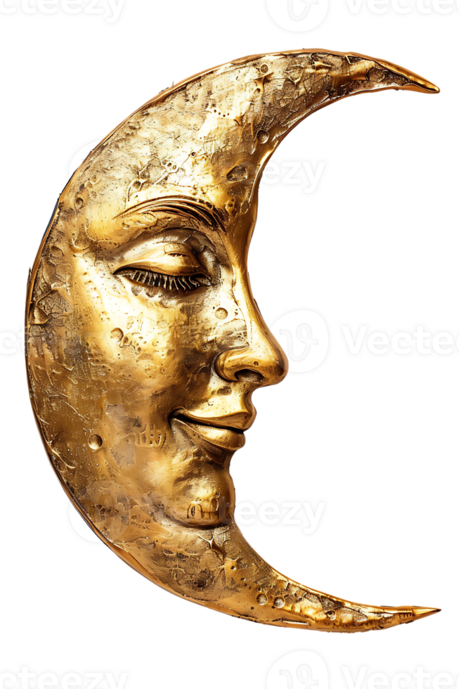 golden crescent moon with a face, isolated against a transparent background png