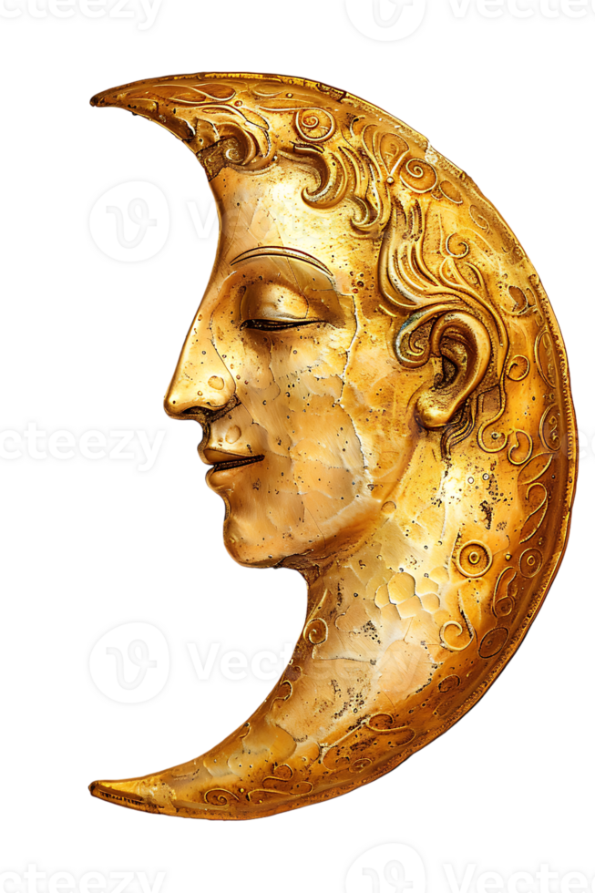 golden crescent moon with a face, isolated against a transparent background png