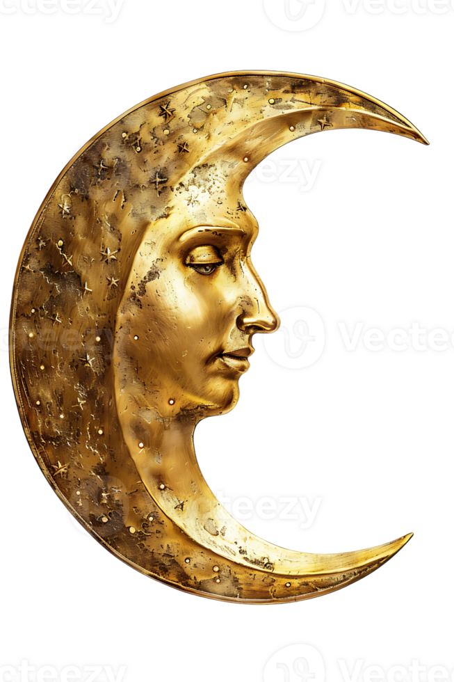 golden crescent moon with a face, isolated against a transparent background png